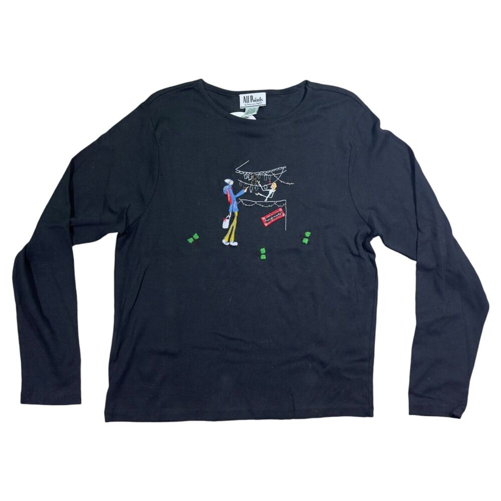 All Points Shirt Woman's Large Black Combo Crew Neck 100% Cotton Embroidered Tee